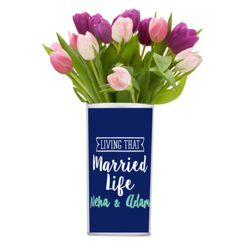 Personalized vase personalized with the sayings "Neha & Adam" and "living that married life"