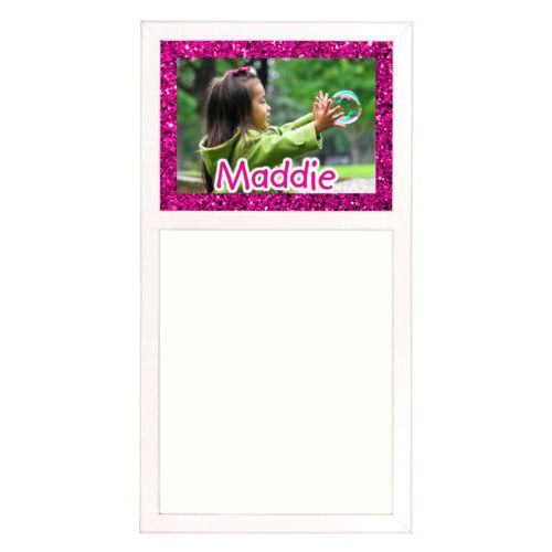 Personalized white board personalized with pink glitter pattern and photo and the saying "Maddie"