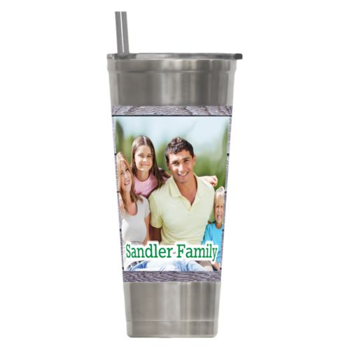 Personalized insulated steel tumbler personalized with grey wood pattern and photo and the saying "Sandler Family"