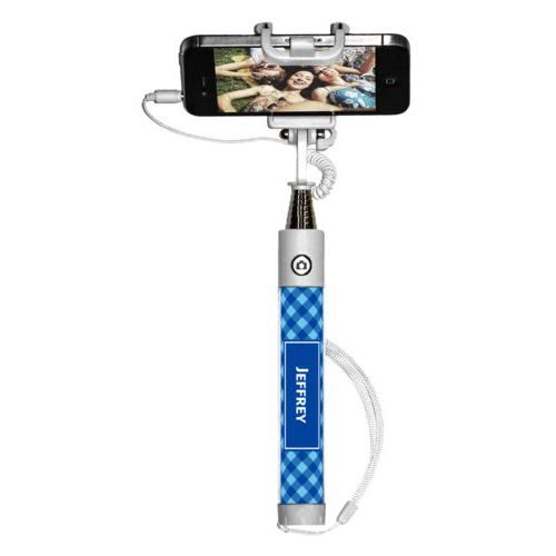 Personalized selfie stick personalized with check pattern and name in ultramarine