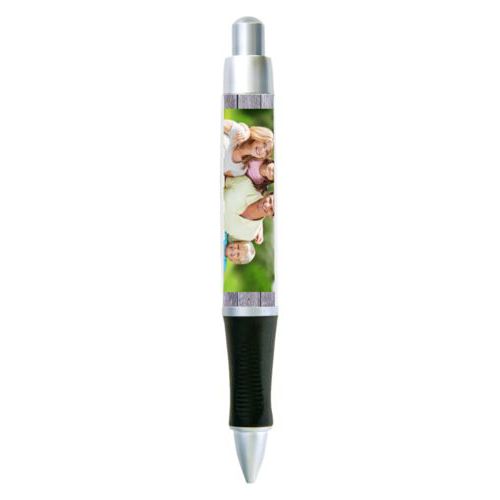 Personalized pen personalized with grey wood pattern and photo and the saying "Sandler Family"