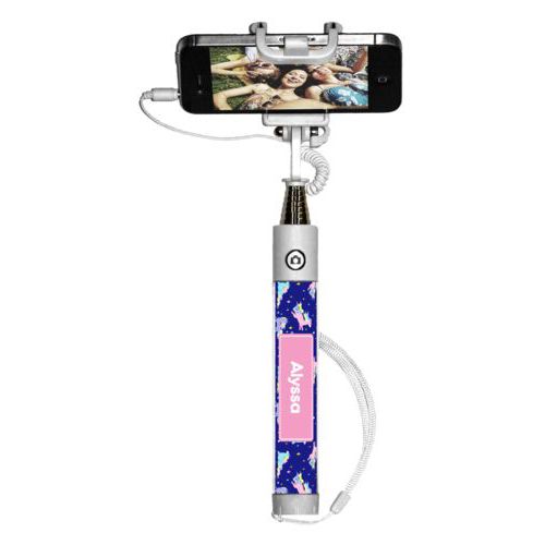 Personalized selfie stick personalized with animals unicorn pattern and name in pink