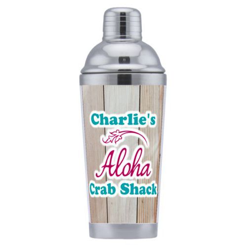Coctail shaker personalized with light wood pattern and the sayings "Aloha" and "Charlie's Crab Shack"