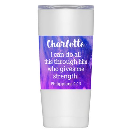 Personalized insulated steel mug personalized with ombre amethyst pattern and the saying "Charlotte I can do all this through him who gives me strength. Philippians 4:13"
