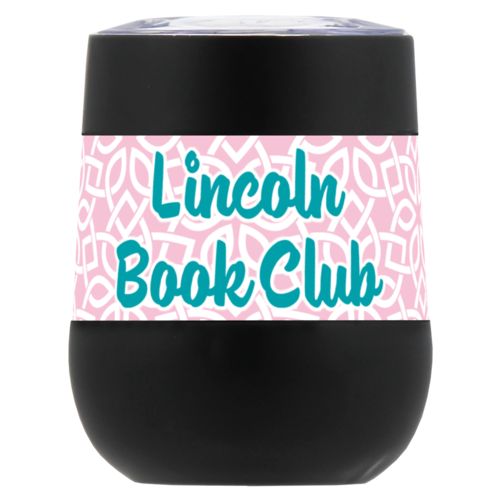 Personalized insulated wine tumbler personalized with lattice pattern and the saying "Lincoln Book Club"