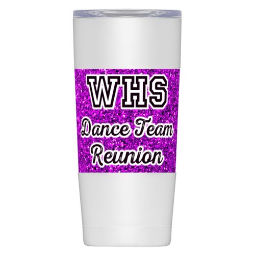 Personalized insulated steel mug personalized with fuchsia glitter pattern and the saying "WHS Dance Team Reunion"