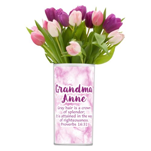 Personalized vase personalized with pink marble pattern and the saying "Grandma Anne Gray hair is a crown of splendor; It is attained in the way of righteousness. Proverbs 16:31"