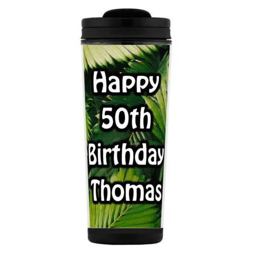 Custom tall coffee mug personalized with plants fern pattern and the saying "Happy 50th Birthday Thomas"