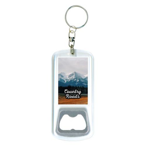 Personalized bottle opener personalized with photo and the saying "Country Roads"