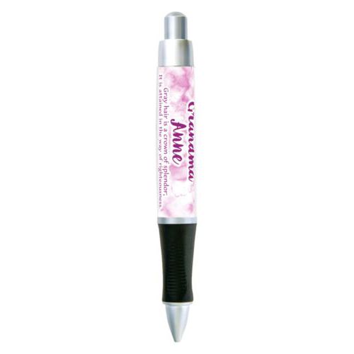 Personalized pen personalized with pink marble pattern and the saying "Grandma Anne Gray hair is a crown of splendor; It is attained in the way of righteousness. Proverbs 16:31"
