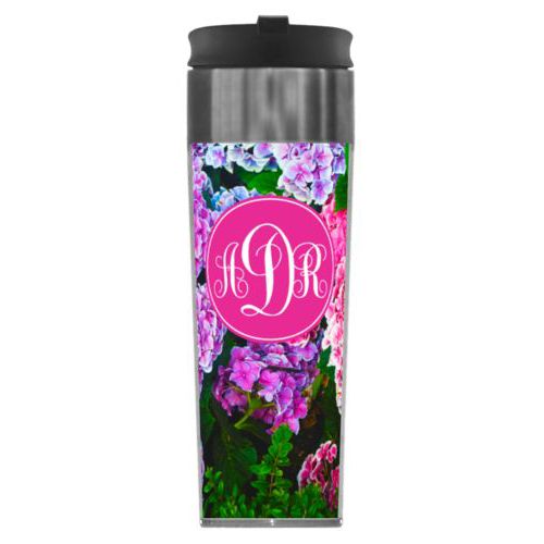 Personalized steel mug personalized with hydrangea pattern and monogram in pink