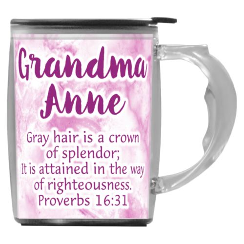 Custom mug with handle personalized with pink marble pattern and the saying "Grandma Anne Gray hair is a crown of splendor; It is attained in the way of righteousness. Proverbs 16:31"