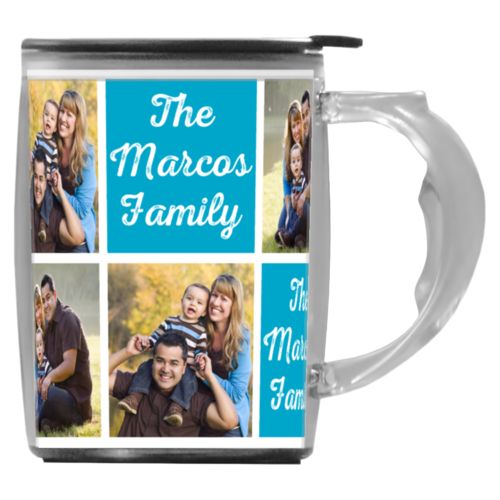 Custom mug with handle personalized with photos and the saying "The Marcos Family" in juicy blue and white