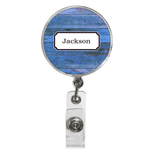 Personalized badge reel personalized with sky rustic pattern and name in black licorice