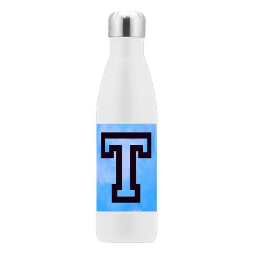 Custom insulated water bottle personalized with light blue cloud pattern and the saying "T"