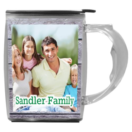 Custom mug with handle personalized with grey wood pattern and photo and the saying "Sandler Family"