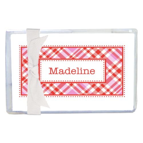 Personalized enclosure cards personalized with tartan pattern and name in red punch and thistle