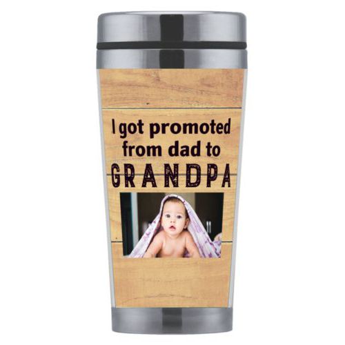 Personalized coffee mug personalized with natural wood pattern and photo and the saying "I got promoted from dad to grandpa"