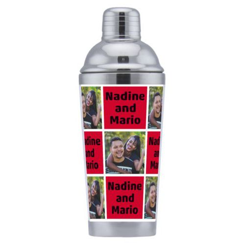 Cocktail shaker personalized with a photo and the saying "Nadine and Mario" in black and apple red