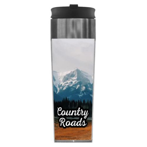 Personalized steel mug personalized with photo and the saying "Country Roads"