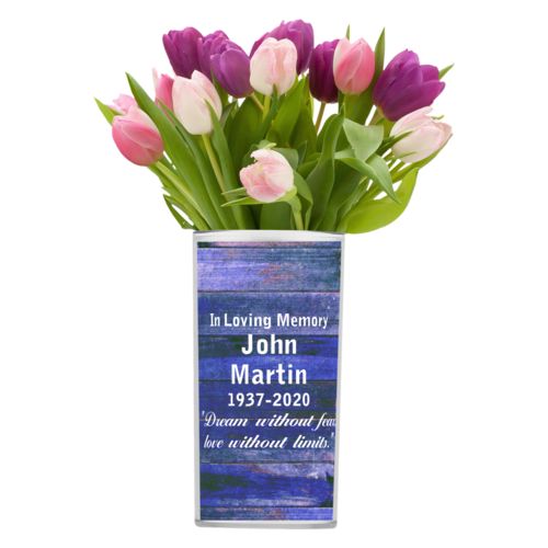 Personalized vase personalized with royal rustic pattern and the saying "In Loving Memory John Martin 1937-2020 "Dream without fear, love without limits.""