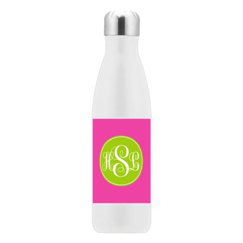 Custom insulated water bottle personalized with concaved pattern and monogram in juicy green and juicy pink