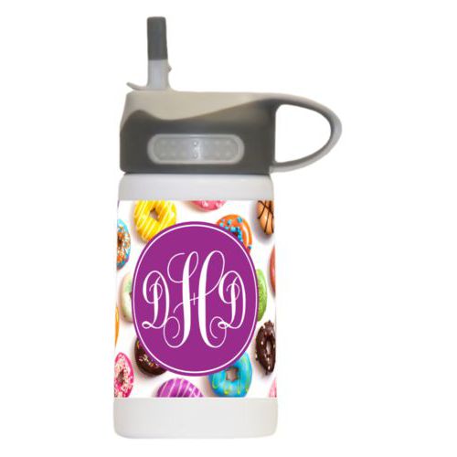 Boys water bottle personalized with donuts pattern and monogram in eggplant