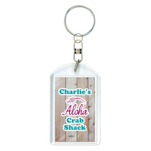Personalized keychain personalized with light wood pattern and the sayings "Aloha" and "Charlie's Crab Shack"