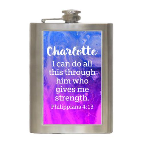 Personalized 8oz flask personalized with ombre amethyst pattern and the saying "Charlotte I can do all this through him who gives me strength. Philippians 4:13"