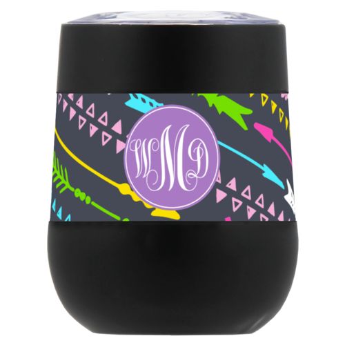 Personalized insulated wine tumbler personalized with arrows pattern and monogram in purple powder