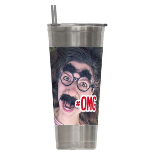 Personalized insulated steel tumbler personalized with photo and the saying "#omg"