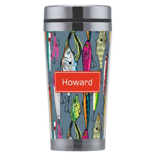 Personalized coffee mug personalized with fishing lures pattern and name in strong red