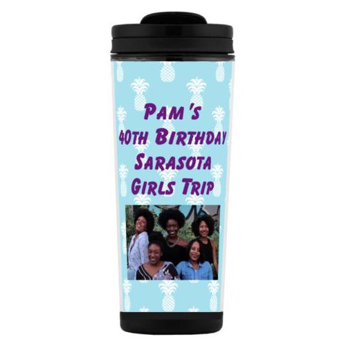 Custom tall coffee mug personalized with welcome pattern and photo and the saying "Pam's 40th Birthday Sarasota Girls Trip"