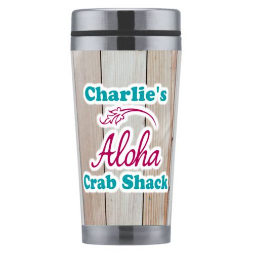 Personalized coffee mug personalized with light wood pattern and the sayings "Aloha" and "Charlie's Crab Shack"