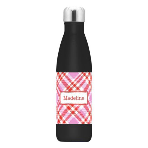 Custom insulated water bottle personalized with tartan pattern and name in red punch and thistle