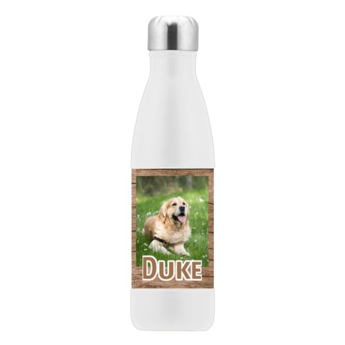 Custom insulated water bottle personalized with brown wood pattern and photo and the saying "Duke"