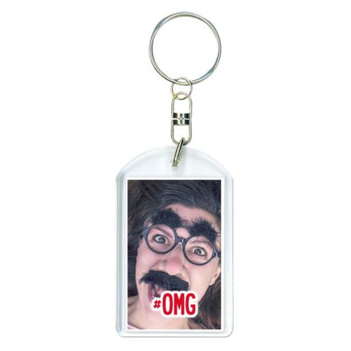 Personalized plastic keychain personalized with photo and the saying "#omg"
