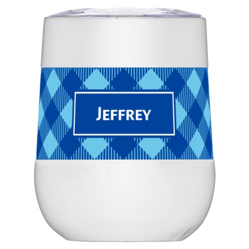 Personalized insulated wine tumbler personalized with check pattern and name in ultramarine