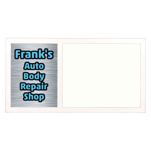Personalized white board personalized with steel industrial pattern and the saying "Frank's Auto Body Repair Shop"