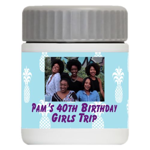 Personalized 12oz food jar personalized with welcome pattern and photo and the saying "Pam's 40th Birthday Girls Trip"