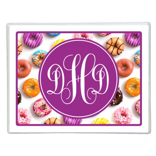 Personalized note cards personalized with donuts pattern and monogram in eggplant