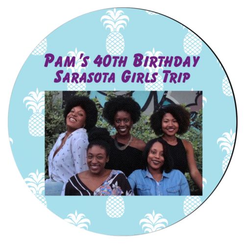 Personalized coaster personalized with welcome pattern and photo and the saying "Pam's 40th Birthday Sarasota Girls Trip"