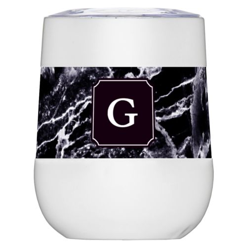 Personalized insulated wine tumbler personalized with onyx pattern and initial in black licorice