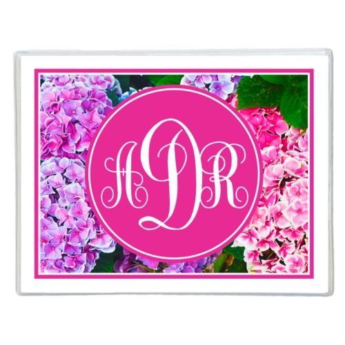 Personalized note cards personalized with hydrangea pattern and monogram in pink