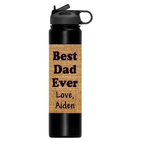 Custom sports water bottle personalized with burlap industrial pattern and the saying "Best Dad Ever Love, Aiden"