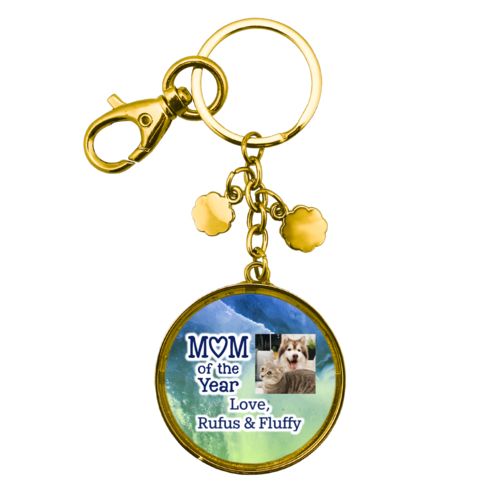 Personalized keychain personalized with ombre quartz pattern and photo and the sayings "Mom of the Year" and "Love, Rufus & Fluffy"