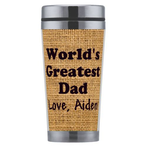 Personalized coffee mug personalized with burlap industrial pattern and the saying "World's Greatest Dad Love, Aiden"