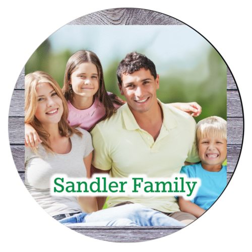 Personalized coaster personalized with grey wood pattern and photo and the saying "Sandler Family"