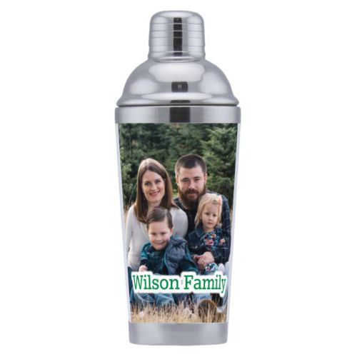 Coctail shaker personalized with photo and the saying "Wilson Family"