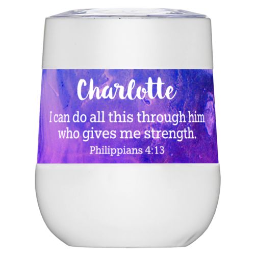 Personalized insulated wine tumbler personalized with ombre amethyst pattern and the saying "Charlotte I can do all this through him who gives me strength. Philippians 4:13"